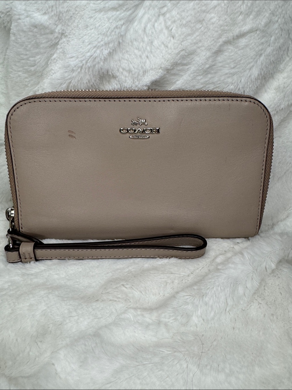 Coach Neutral Taupe Leather Zip Wristlet